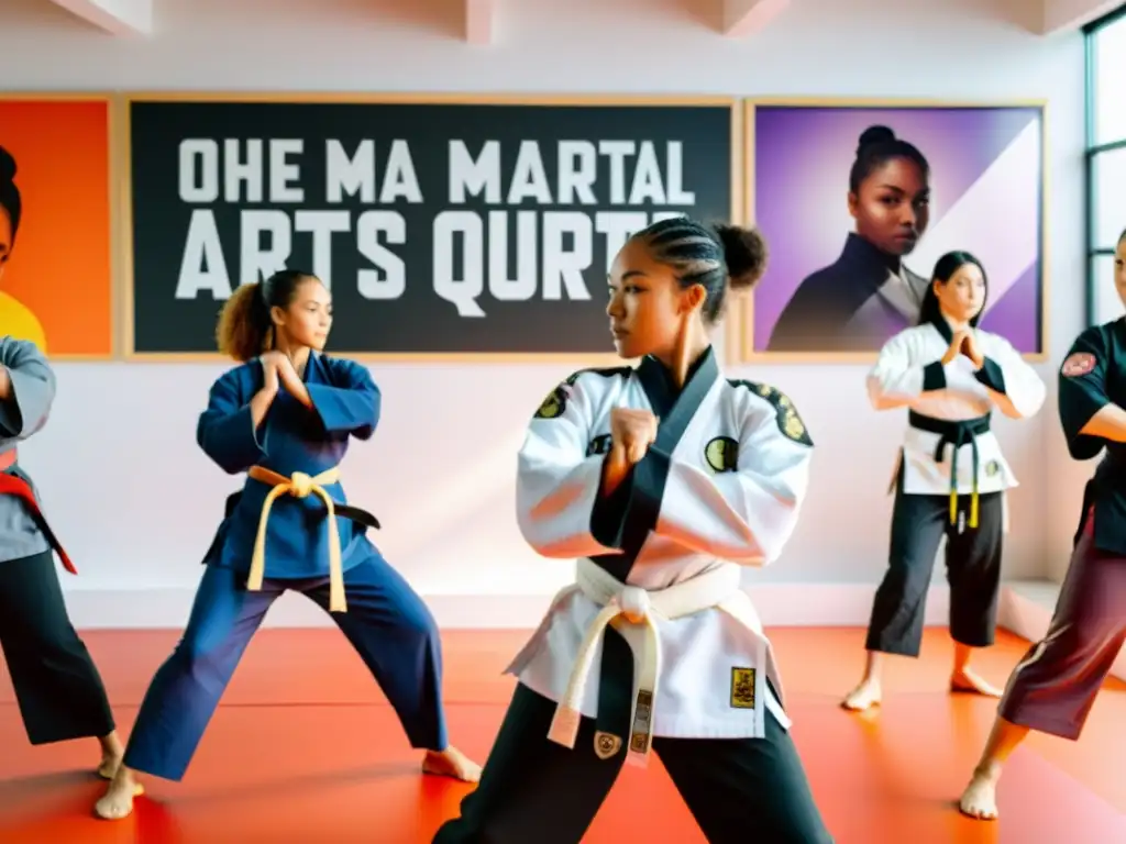 Un grupo diverso de mujeres practica artes marciales en un estudio iluminado, rodeadas de posters feministas