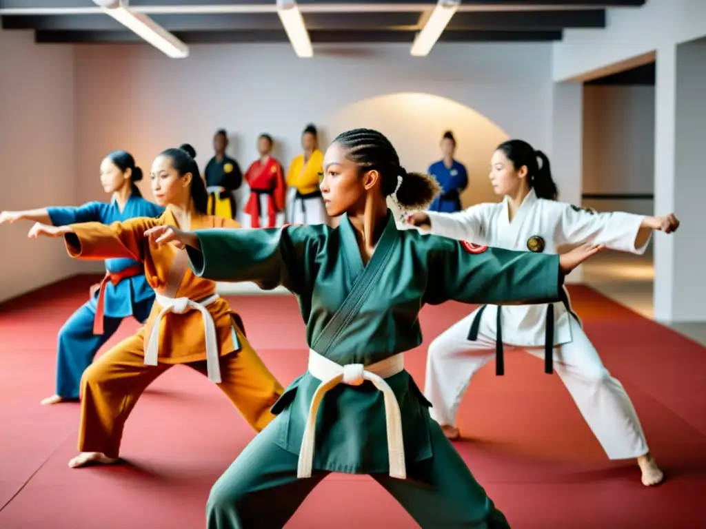 Un grupo diverso de mujeres practica artes marciales en un estudio moderno y luminoso, exudando fuerza, determinación y solidaridad