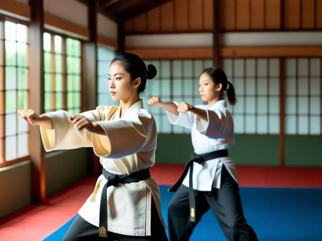 Grupo diverso de mujeres practicando artes marciales juntas en un dojo luminoso, transmitiendo fuerza, inclusión y empoderamiento femenino