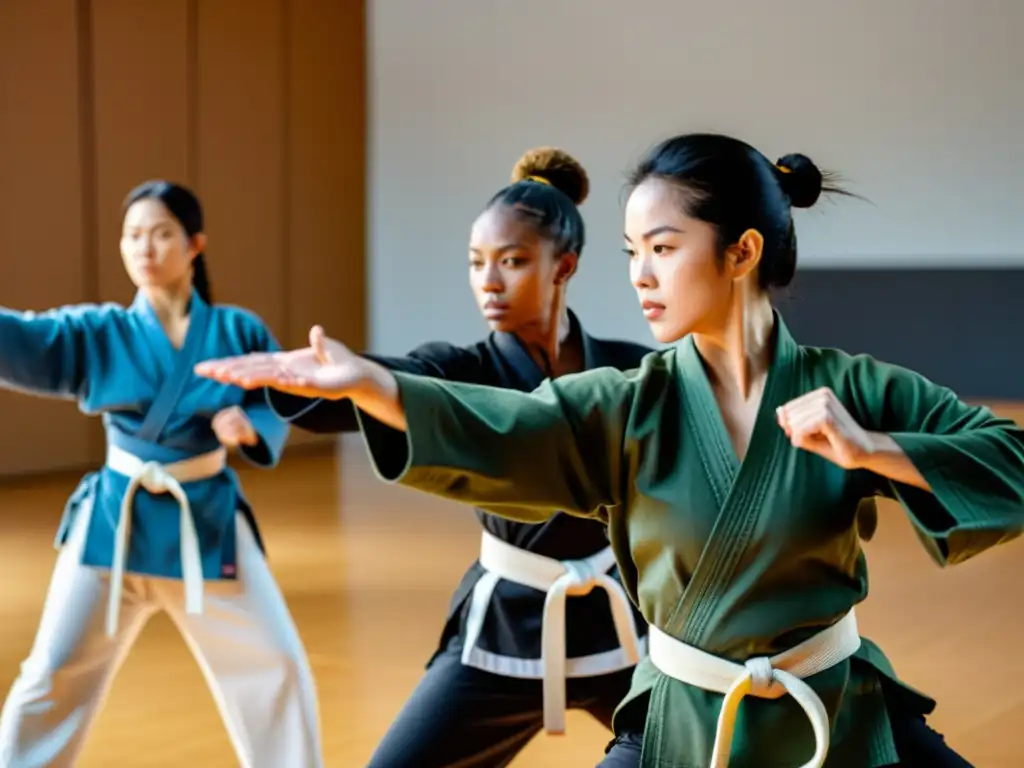 Un grupo diverso de mujeres practicando artes marciales en un estudio espacioso y bien iluminado, exudando fuerza y gracia