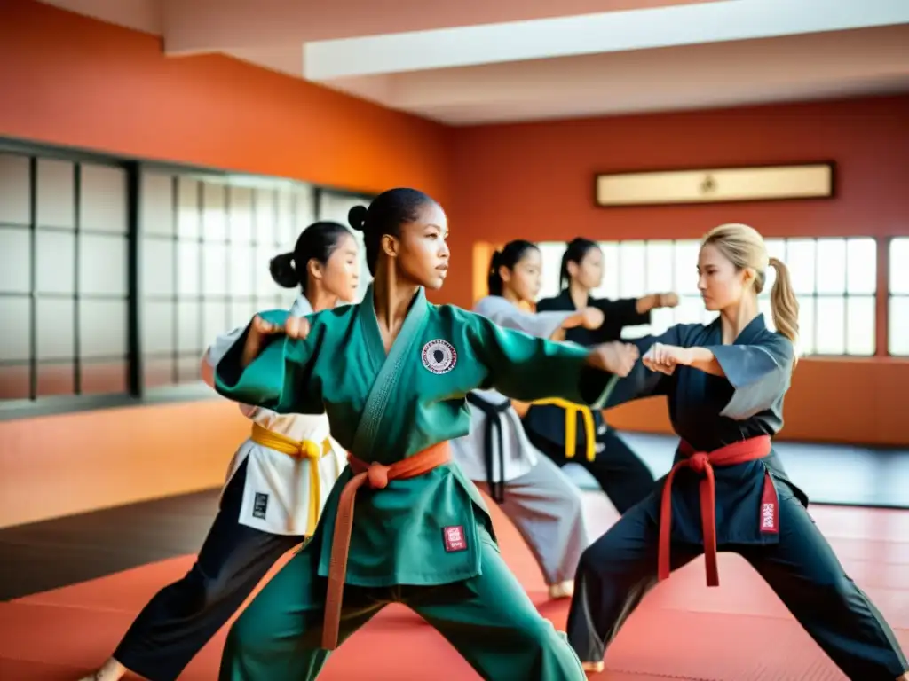 Grupo diverso de mujeres en artes marciales, enfocadas en técnicas precisas, mostrando determinación y fuerza