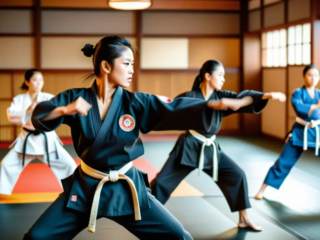 Grupo diverso de mujeres practicando artes marciales en un dojo tradicional, mostrando determinación y fuerza