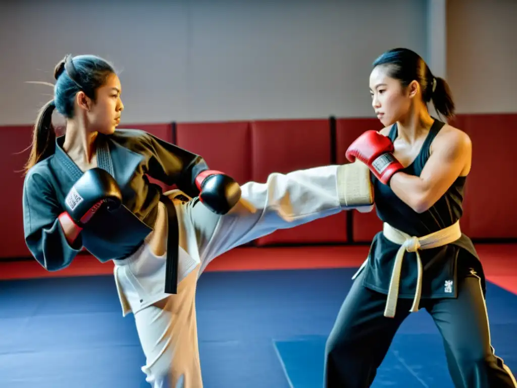 Un grupo diverso de mujeres practica artes marciales con determinación y enfoque, luciendo equipamiento de protección especializado