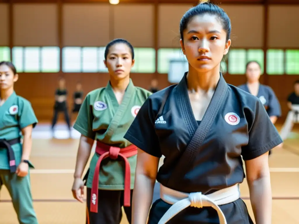 Un grupo diverso de mujeres entrenando artes marciales con determinación en un dojo, mostrando fuerza y confianza