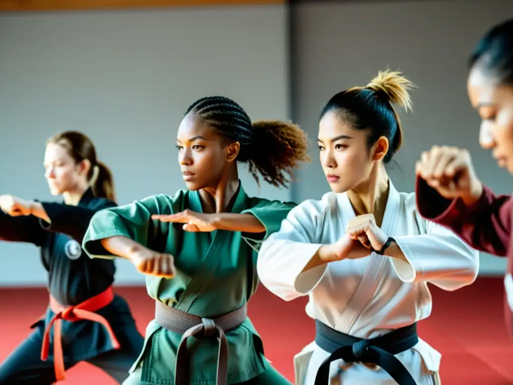 Un grupo diverso de mujeres practica artes marciales en un amplio y bien iluminado centro de entrenamiento