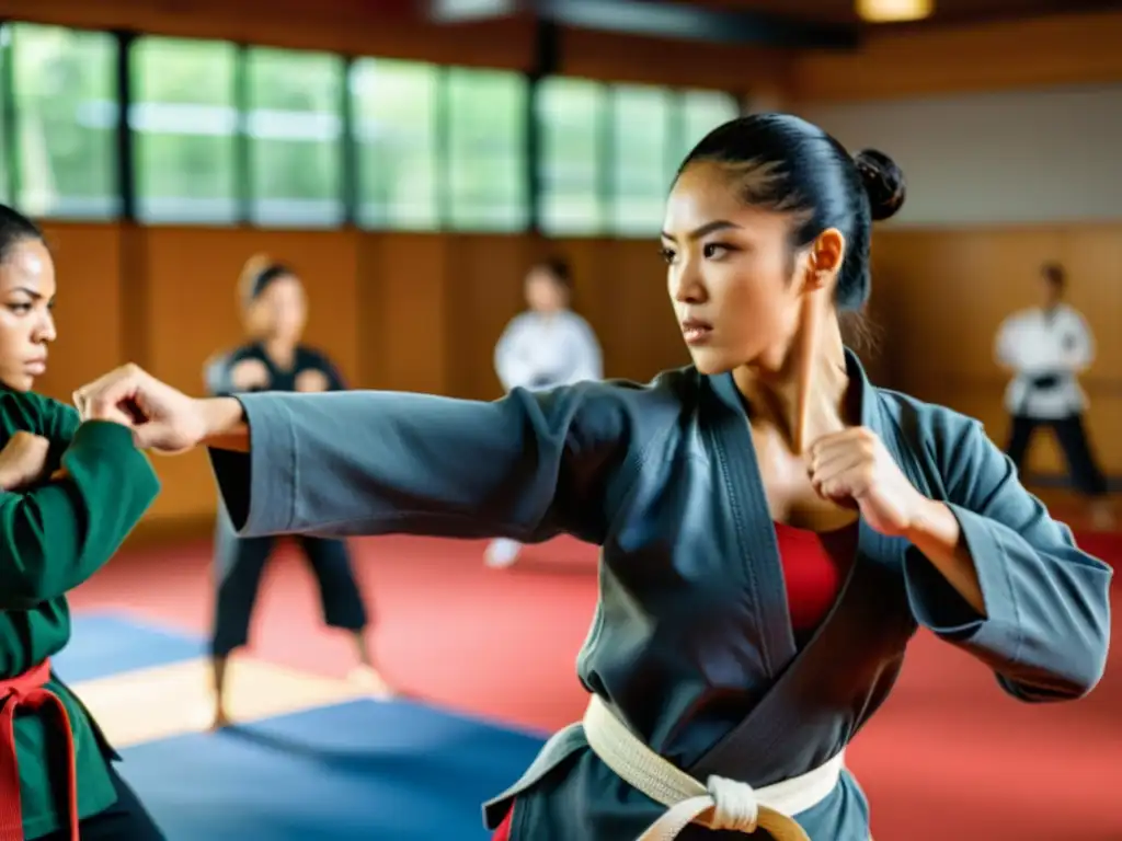 Un grupo diverso de mujeres practica artes marciales en un gimnasio, demostrando fuerza y empoderamiento