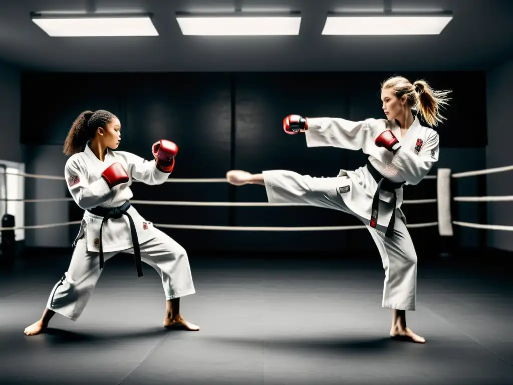 Grupo diverso de mujeres practicando artes marciales en un gimnasio, mostrando determinación y fuerza en cada movimiento