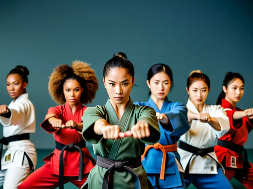 Un grupo diverso de mujeres practica artes marciales en un estudio bien iluminado, mostrando fuerza, movimiento ágil y determinación