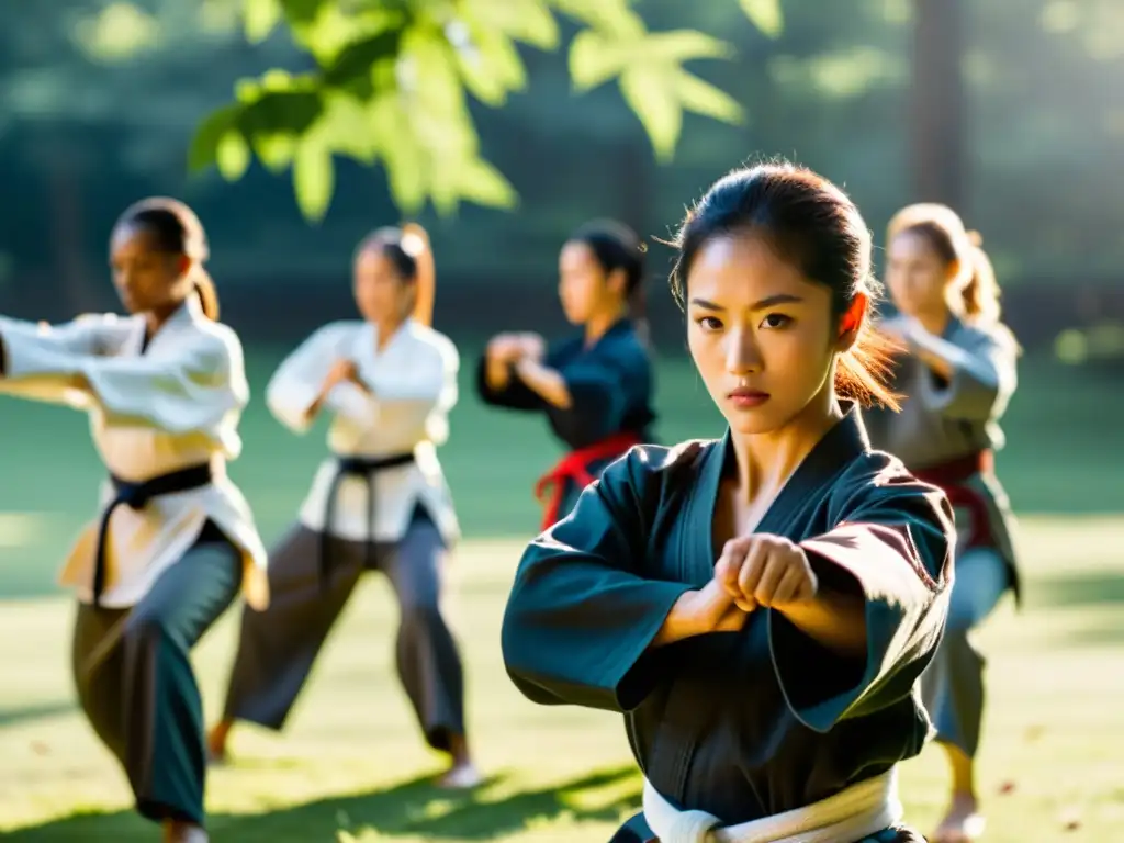 Un grupo diverso de mujeres practica artes marciales al aire libre en un entorno sereno, transmitiendo empoderamiento y fuerza