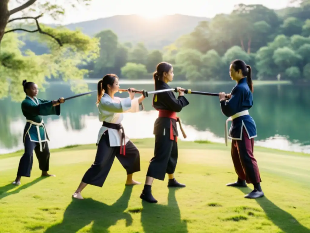 Un grupo diverso de mujeres practica artes marciales en un campo soleado junto a un lago, transmitiendo fuerza y empoderamiento
