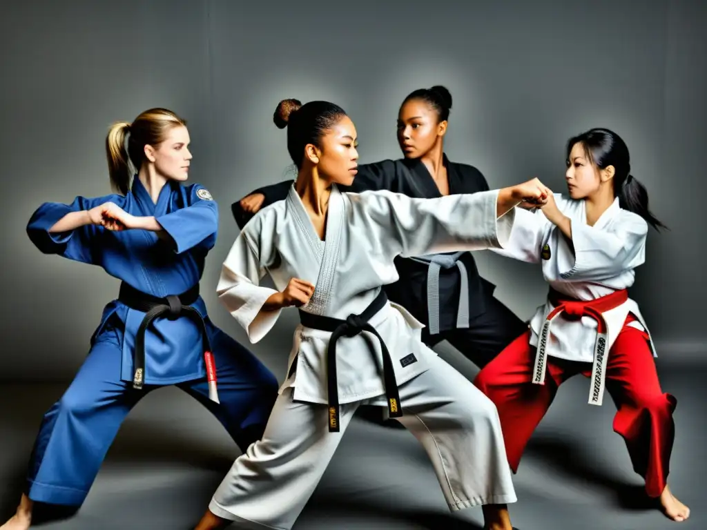 Un grupo diverso de mujeres practica artes marciales con indumentaria adaptada a sus necesidades, mostrando determinación y fuerza