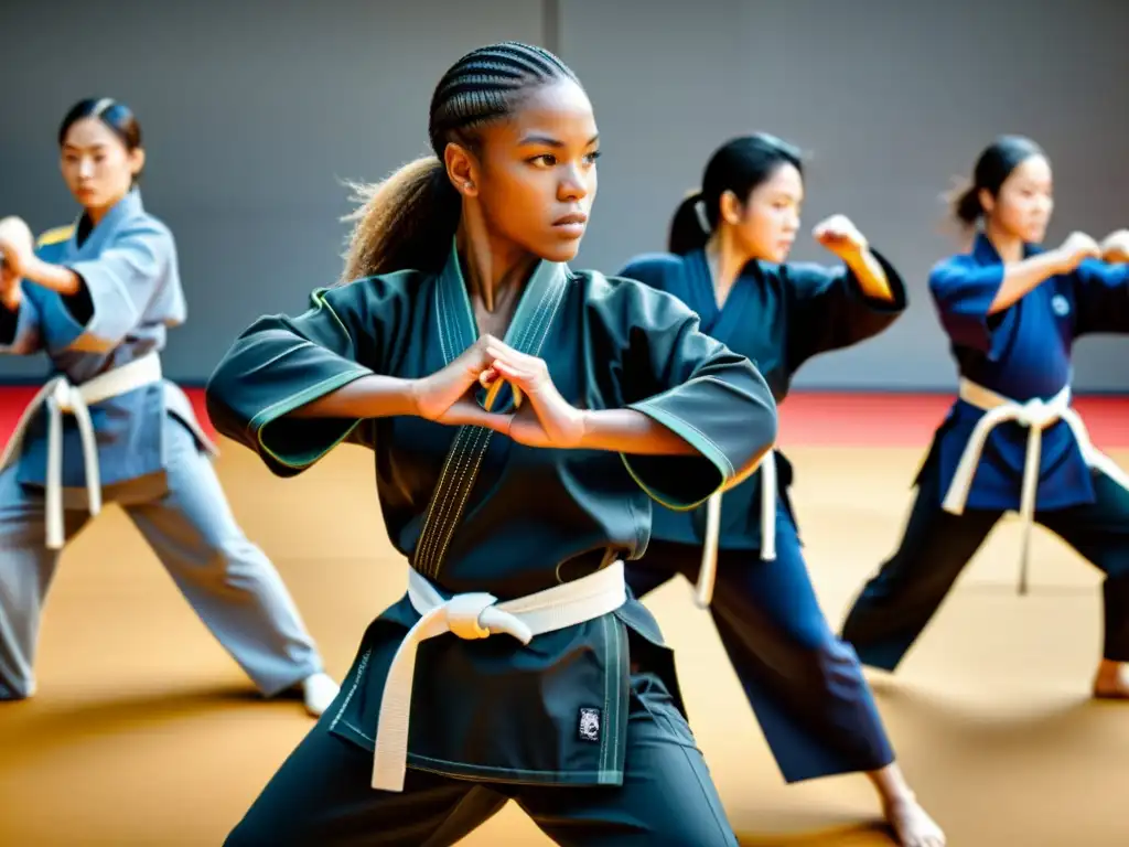 Un grupo diverso de mujeres practica artes marciales con indumentaria adaptada, mostrando fuerza y determinación