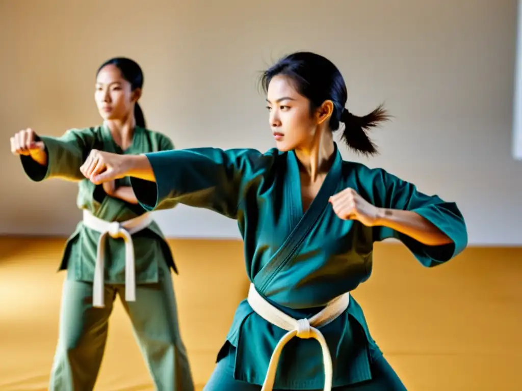 Un grupo diverso de mujeres practica artes marciales con determinación y confianza, mostrando el impacto social de las artes marciales