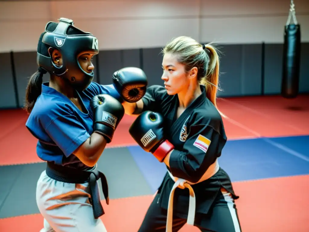 Grupo diverso de mujeres artistas marciales en acción, usando equipamiento de protección de alta calidad en un centro de entrenamiento profesional