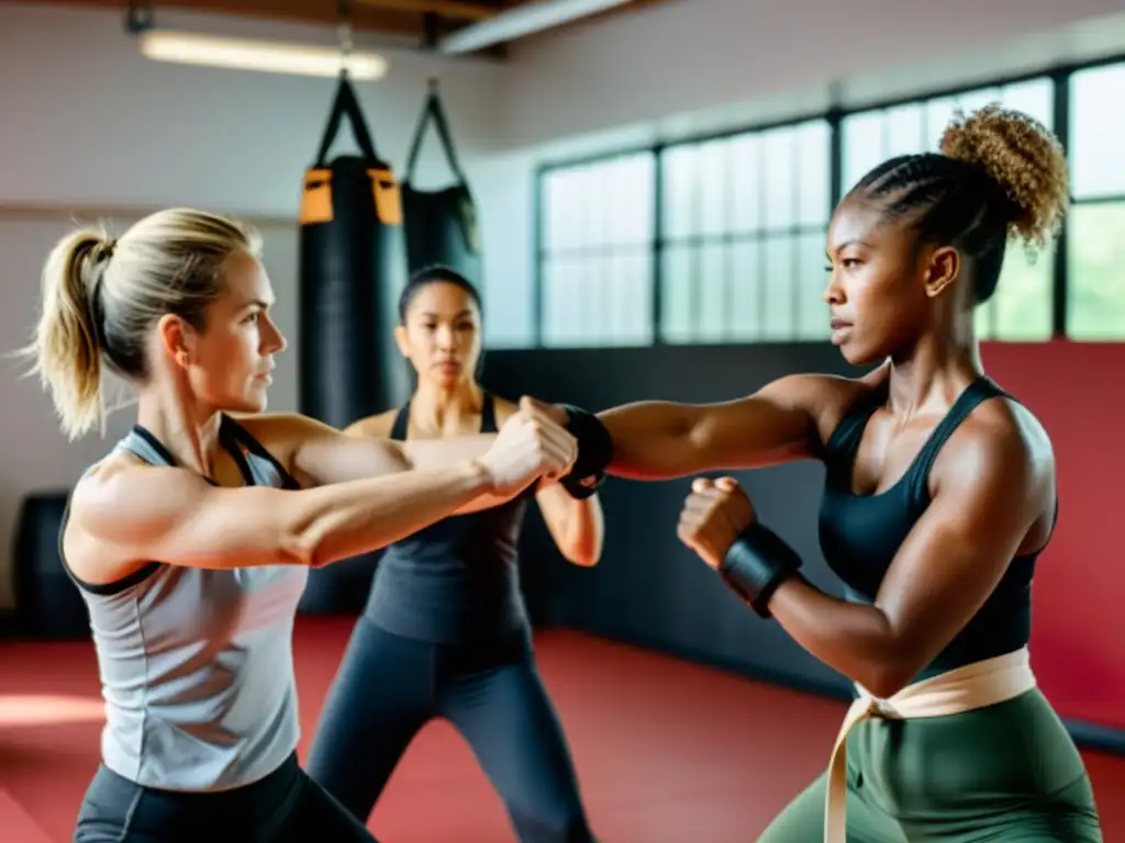 Grupo diverso de mujeres practicando autodefensa marcial para mujeres en un estudio de artes marciales, mostrando fuerza y empoderamiento