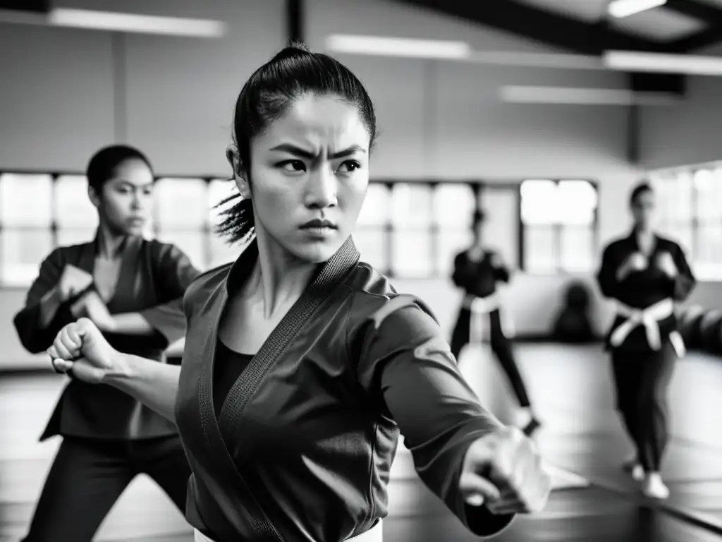 Grupo diverso de mujeres practicando autodefensa marcial para mujeres con determinación en un gimnasio