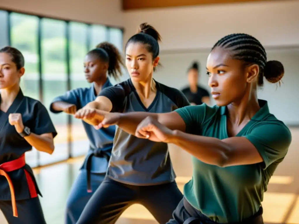 Grupo diverso de mujeres practicando autodefensa en un estudio de artes marciales, reflejando determinación, empoderamiento y solidaridad