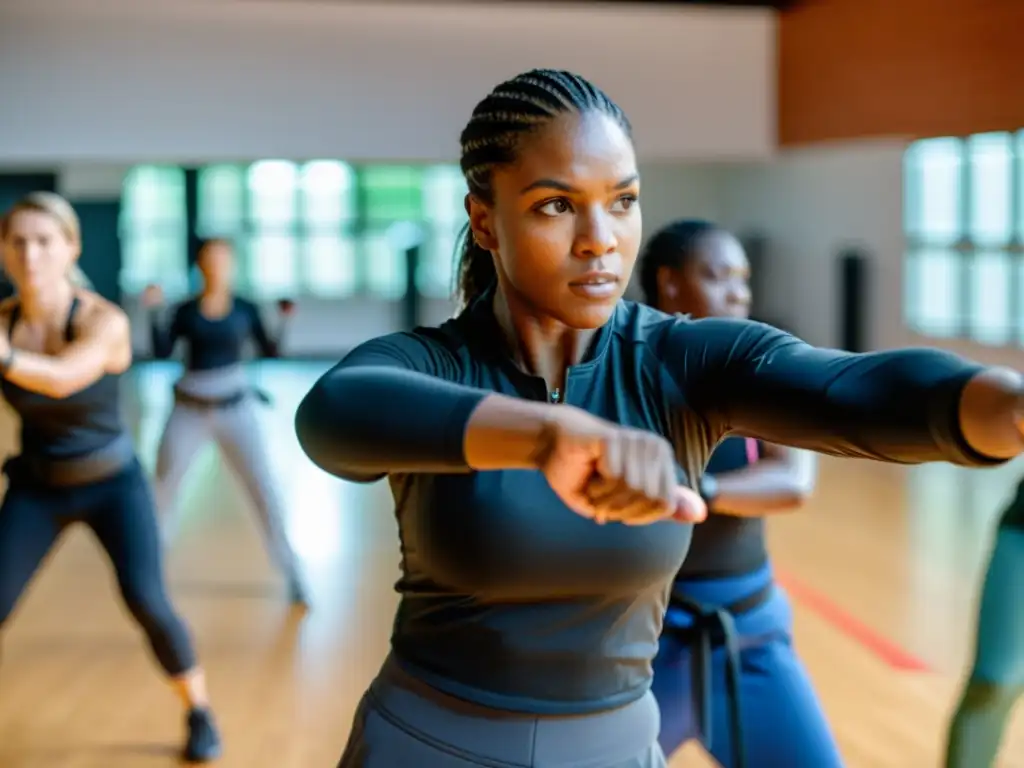 Grupo diverso de mujeres practicando defensa personal con instructora empoderadora en estudio moderno y seguro