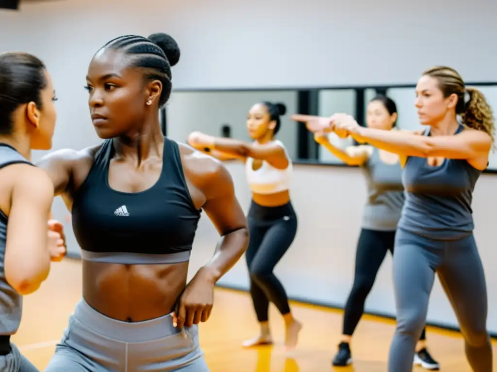 Grupo diverso de mujeres aprendiendo defensa personal con instructor experto en un estudio espacioso y luminoso