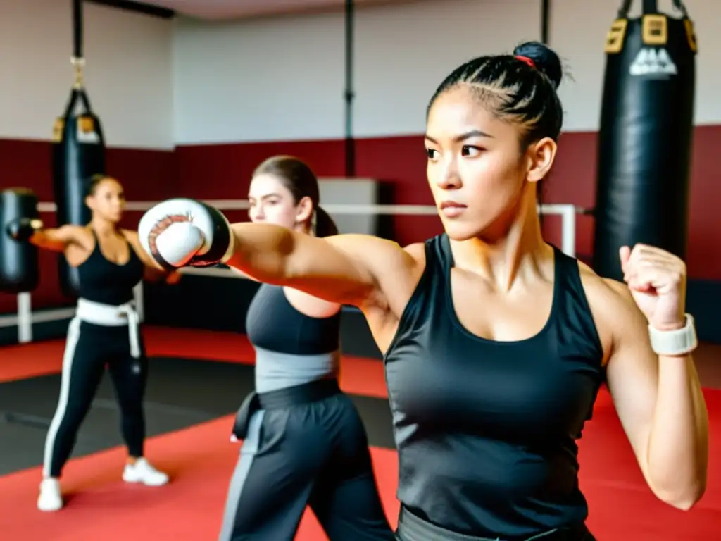 Un grupo diverso de mujeres en equipamiento oficial de artes marciales entrenando con determinación y empoderamiento en un gimnasio