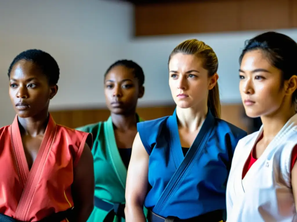 Grupo diverso de mujeres con equipamiento de protección para artes marciales, listas para entrenar en un dojo con determinación y empoderamiento