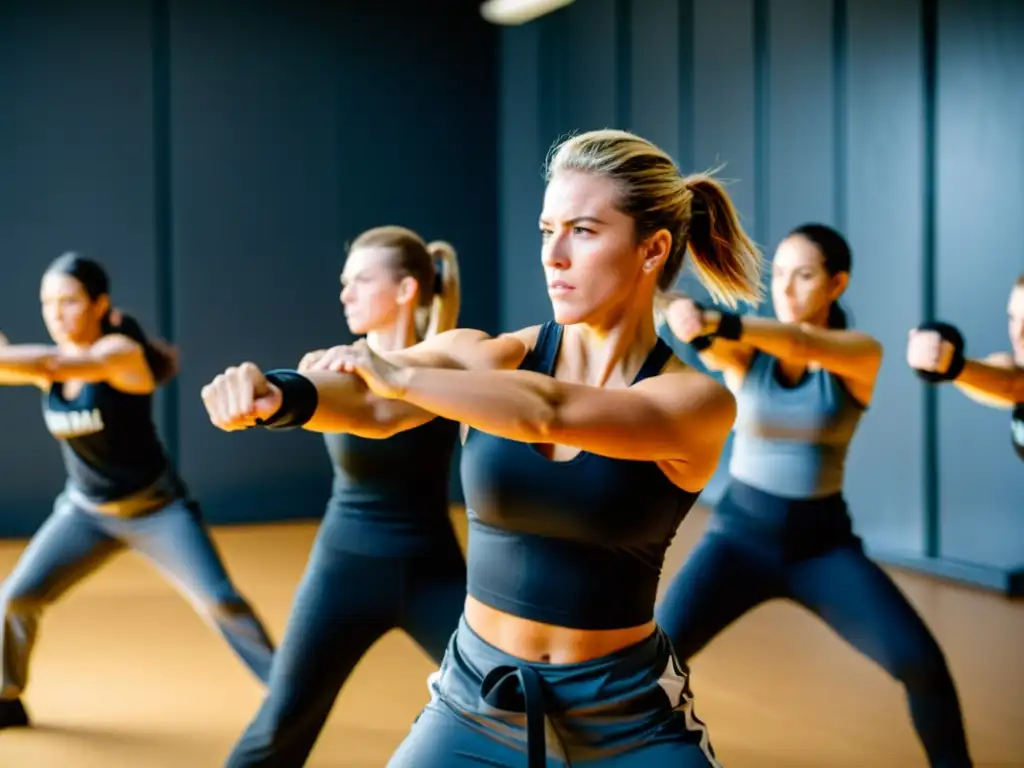 Un grupo diverso de mujeres practica Krav Magá con fuerza y determinación en un estudio espacioso y bien iluminado