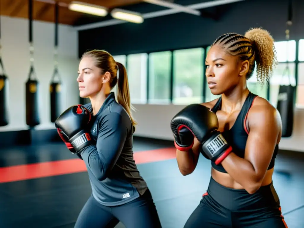 Un grupo diverso de mujeres se entrena con determinación en un gimnasio de artes marciales mixtas, mostrando fuerza y habilidad