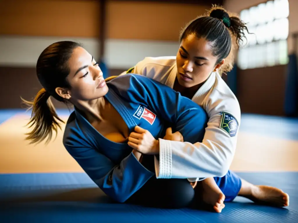 Un grupo diverso de mujeres practica Jiu-Jitsu Brasileño en un gimnasio soleado, mostrando determinación y empoderamiento