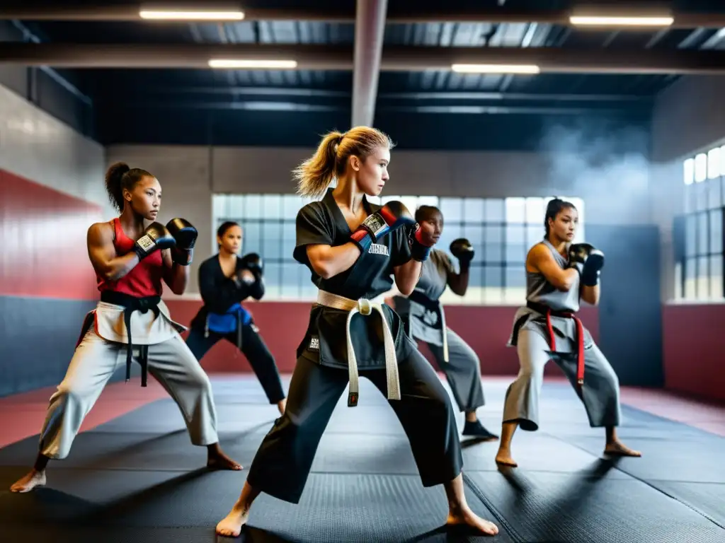 Un grupo diverso de mujeres en el mundo de las artes marciales mixtas, mostrando fuerza y determinación en un espacio urbano