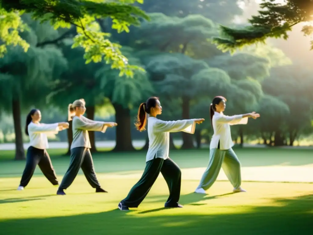 Un grupo diverso de mujeres practica Tai Chi en un parque verde y tranquilo al amanecer