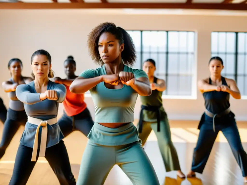 Grupo diverso de mujeres practicando técnicas de autodefensa en un estudio amplio y bien iluminado