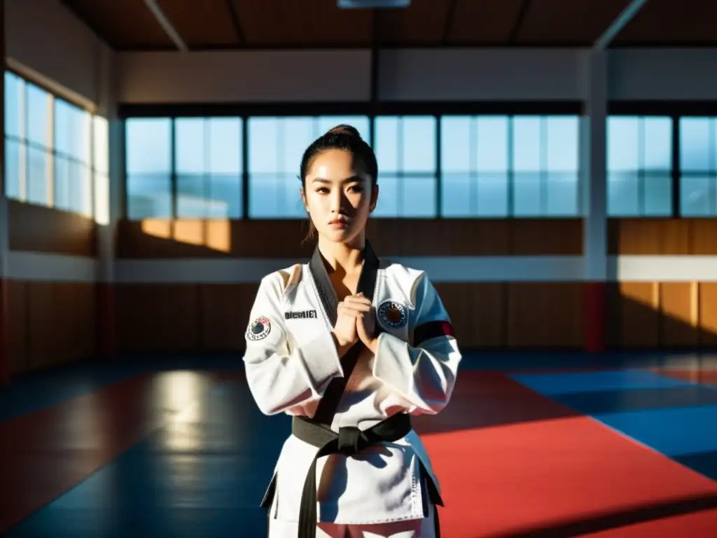 Grupo diverso de mujeres en uniformes de taekwondo, levantan los puños con determinación en un gimnasio