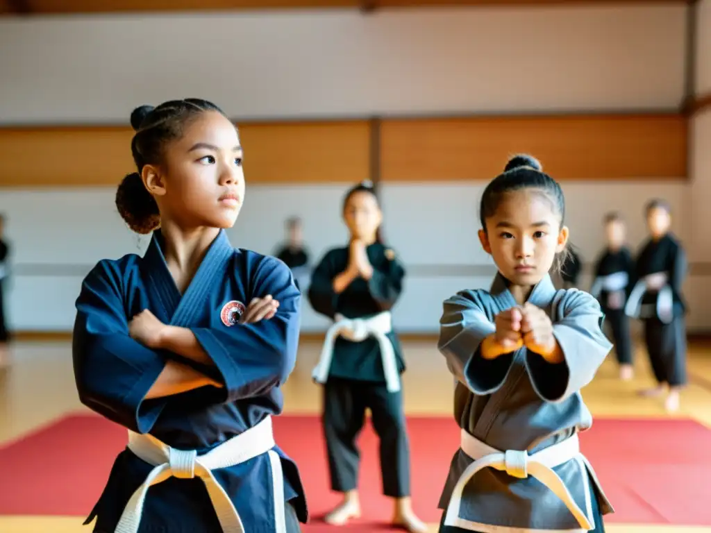 Un grupo diverso de niñas desafiando estereotipos en artes marciales, practicando con determinación en un dojo luminoso y espacioso