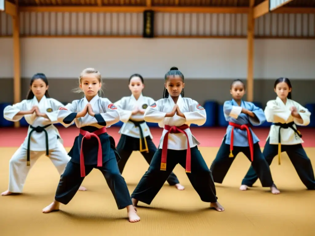 Grupo diverso de niñas desafiando estereotipos en artes marciales con movimientos precisos y expresiones determinadas en un dojo tradicional