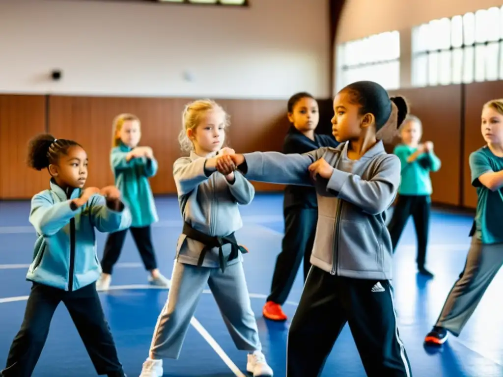 Grupo diverso de niños practicando defensa personal en una escuela, mostrando determinación y confianza