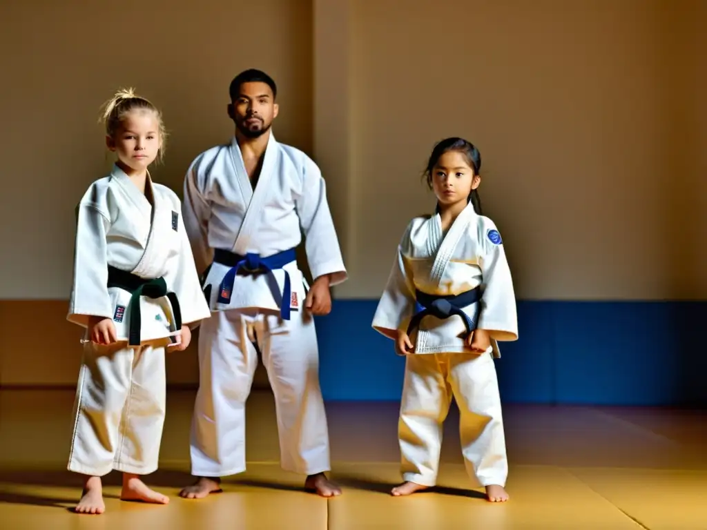 Grupo diverso de niños practicando judo en un dojo, reflejando disciplina y respeto