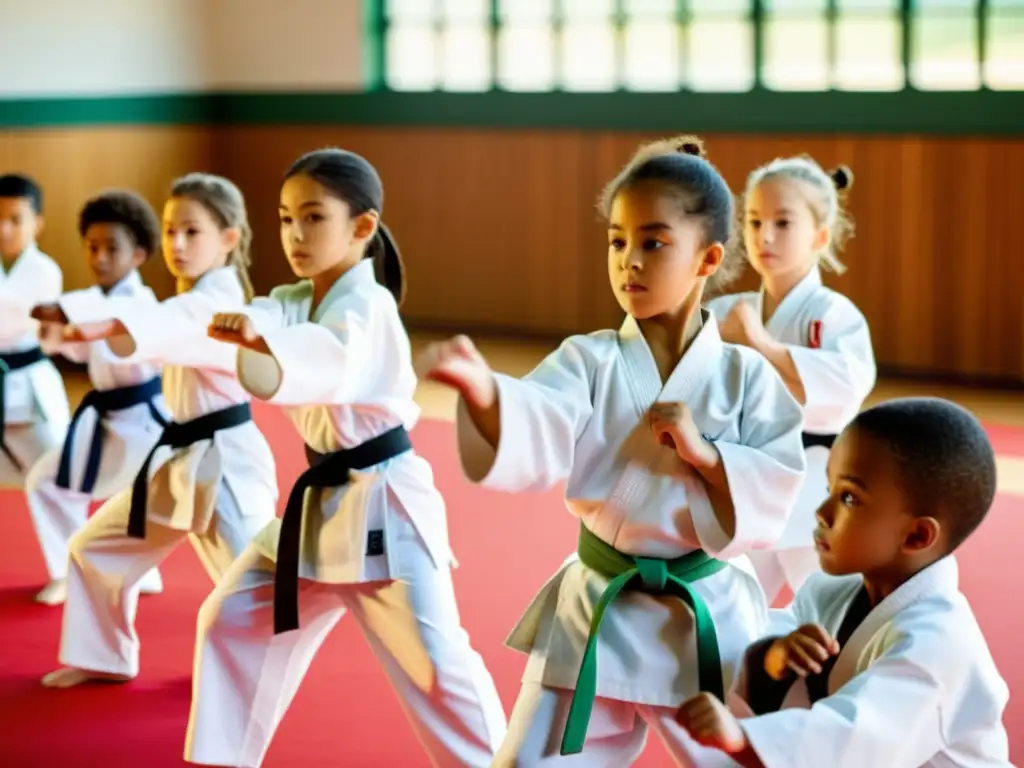 Karate escolar: disciplina y determinación en acción Grupo diverso de niños practicando karate con disciplina y determinación en un gimnasio bien iluminado