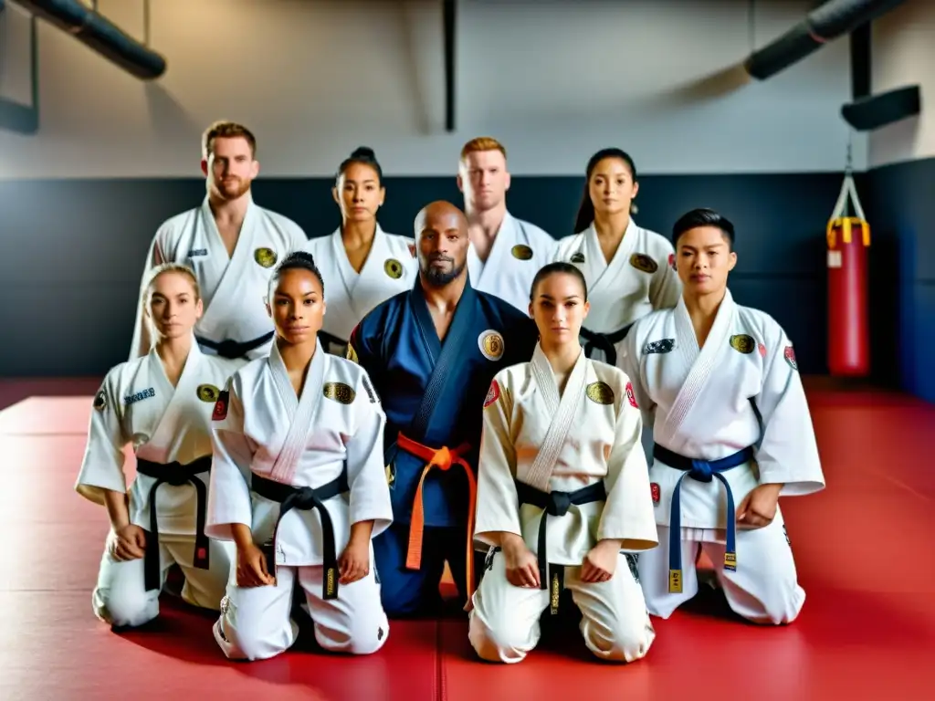 Grupo diverso de paraatletas en poses de artes marciales, demostrando fuerza y determinación