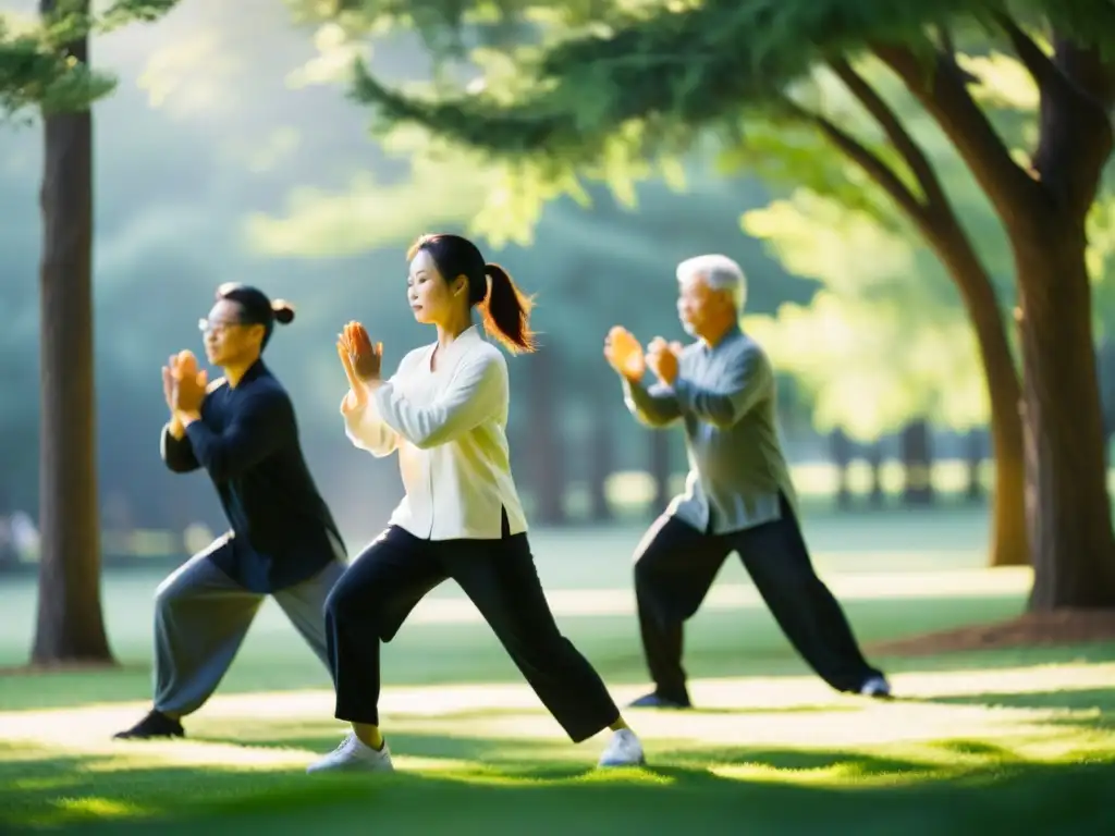 Un grupo diverso realiza Tai Chi en un parque soleado, transmitiendo equilibrio y paz