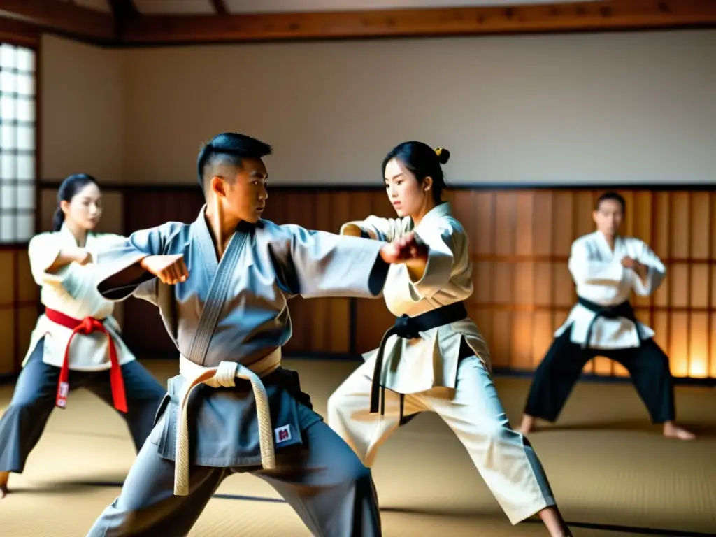 Un grupo diverso de personas practica artes marciales en un dojo tradicional, mostrando disciplina, habilidad y la influencia cultural