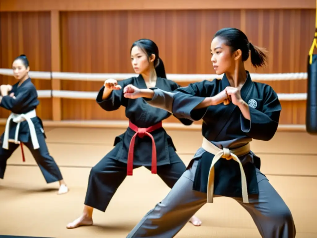 Un grupo diverso de practicantes de artes marciales, hombres y mujeres, entrenan juntos en un dojo tradicional