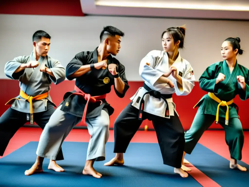 Un grupo diverso de practicantes de artes marciales muestra técnicas adaptadas a diferentes tipos de cuerpo en un dojo, destacando la importancia de adaptar técnicas marciales para tipos de cuerpo