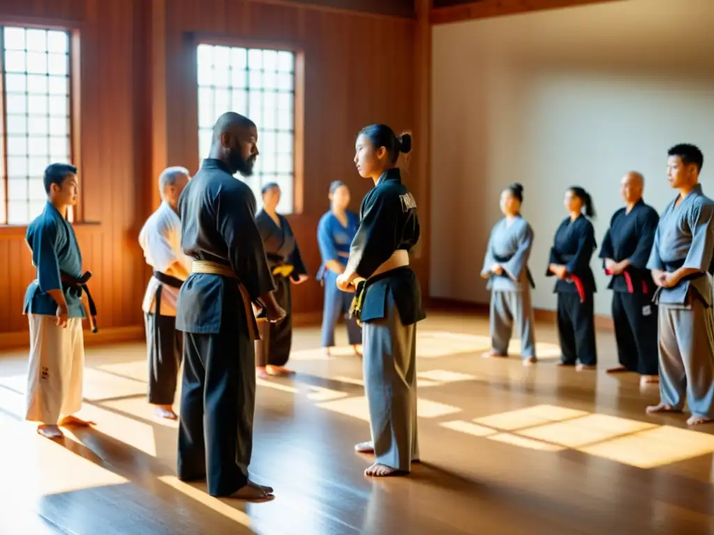 Un grupo diverso de practicantes de artes marciales se reúne en círculo en un dojo, mostrando respeto antes de comenzar su entrenamiento