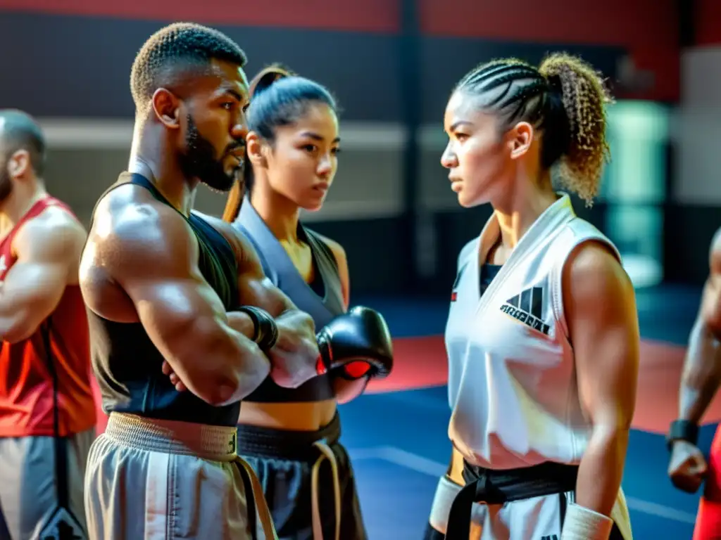 Grupo diverso de practicantes de artes marciales mixtas en un gimnasio, mostrando unidad y fuerza