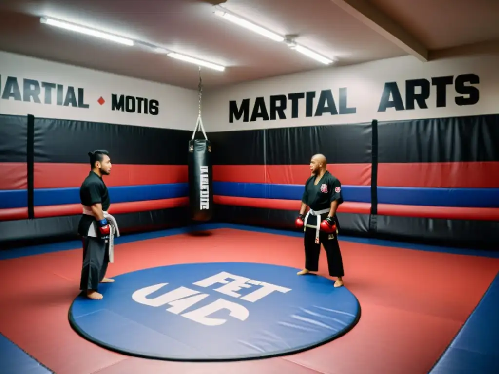 Un grupo diverso de practicantes de artes marciales mixtas, con uniformes coloridos y tradicionales, se reúnen en un amplio centro de entrenamiento