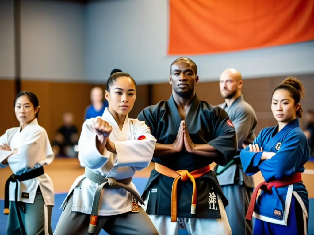 Grupo diverso de practicantes de artes marciales con discapacidades, entrenando juntos en un gimnasio espacioso y bien iluminado