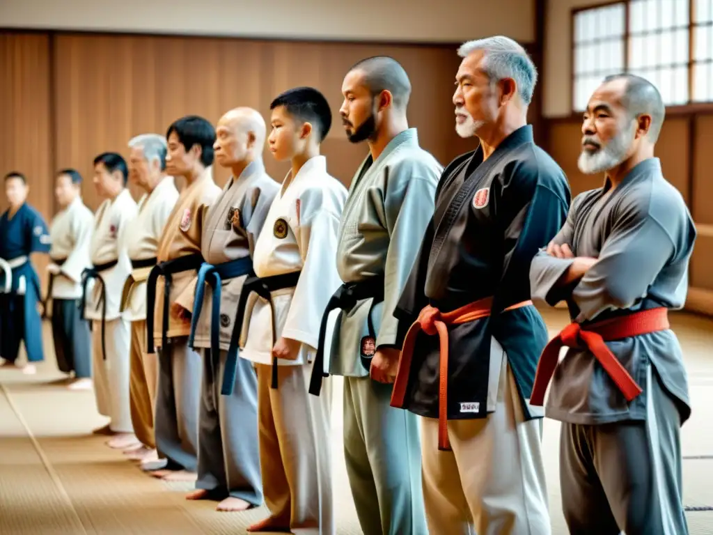 Un grupo diverso de practicantes de artes marciales se alinean en un dojo tradicional, mostrando respeto y disciplina antes de comenzar la práctica