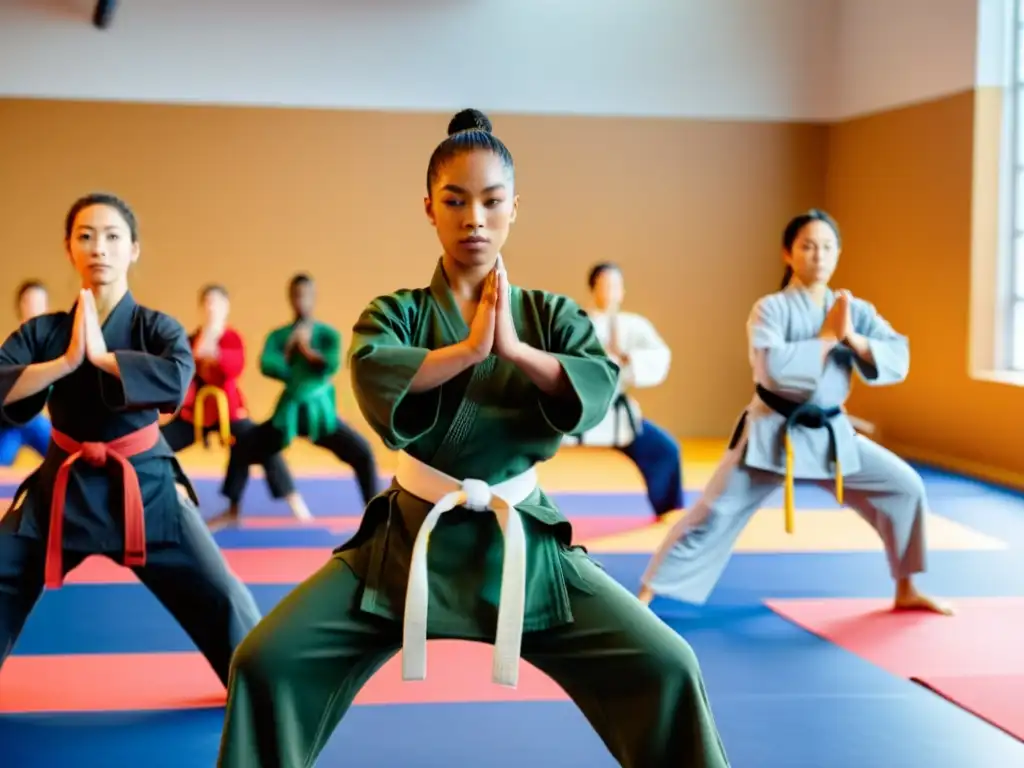 Un grupo diverso de practicantes de artes marciales se reúne en un estudio iluminado, mostrando inclusión y expansión en las artes marciales