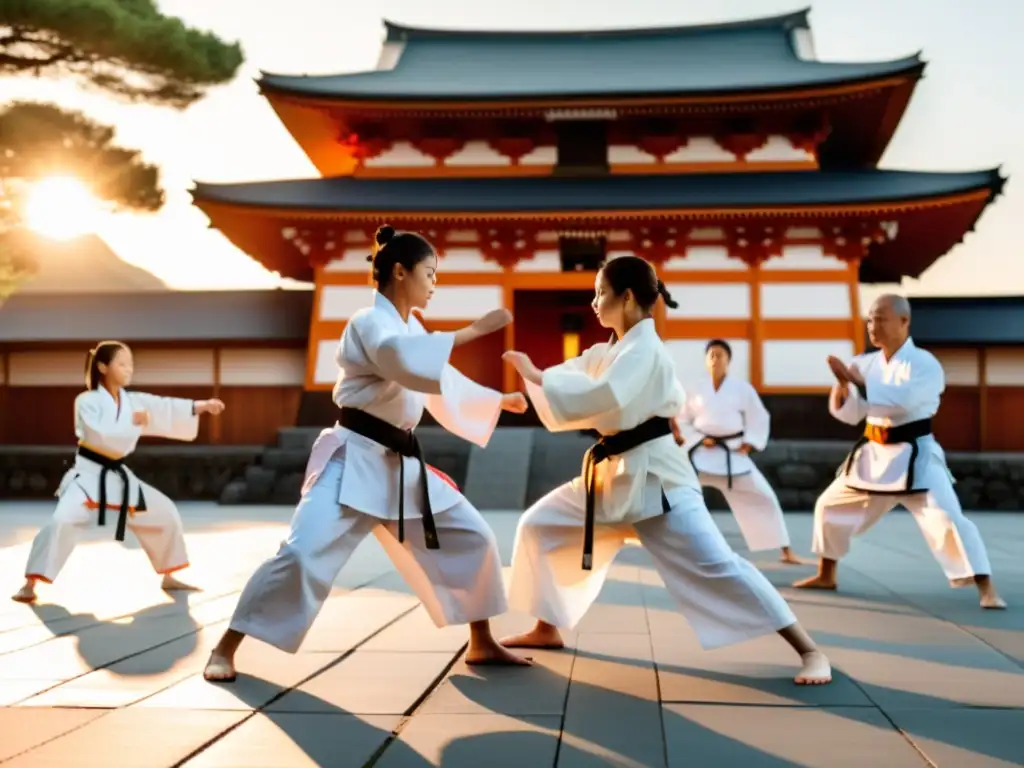 Un grupo diverso de practicantes de karate realiza katas en un templo japonés al atardecer