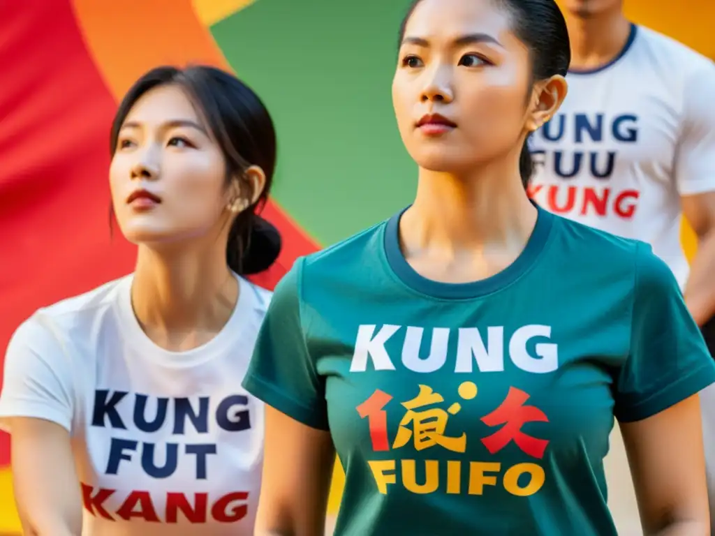 Un grupo diverso lleva puestas camisetas kung fu con diseños vibrantes y símbolos culturales, reflejando su mensaje cultural